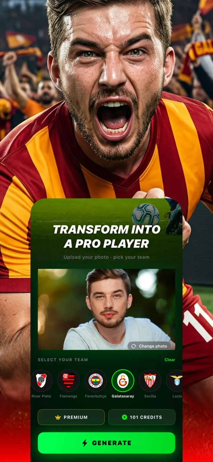 Footty app — Upload Your Photo, Pick Your Team